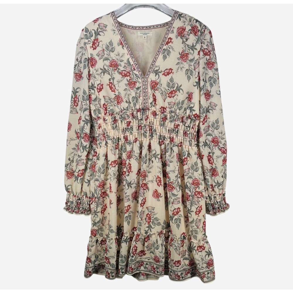 Max Studio Mini Dress Size M Floral Print Ivory with Greens Pinks 34" Long Boho